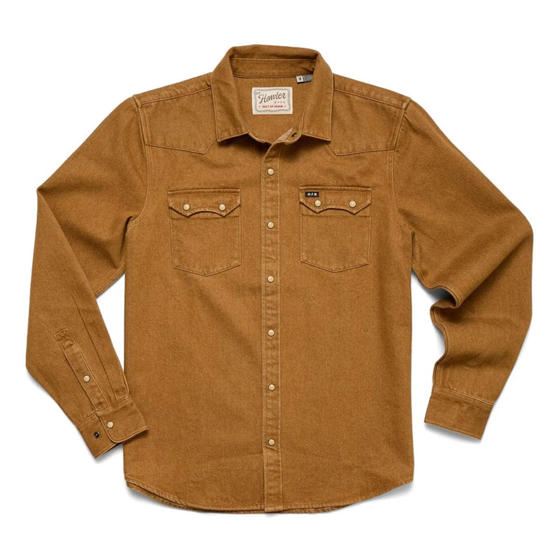 Load image into Gallery viewer, Brown button-up shirt with a collar on a white background