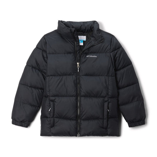 Black puffer jacket with Columbia logo on a white background