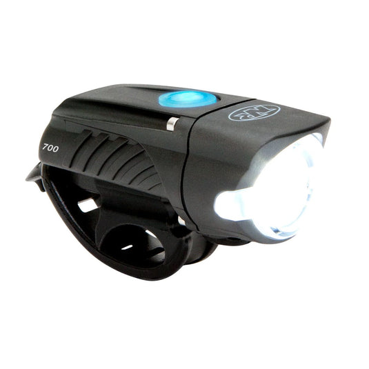 Black bicycle light with blue indicator on a white background