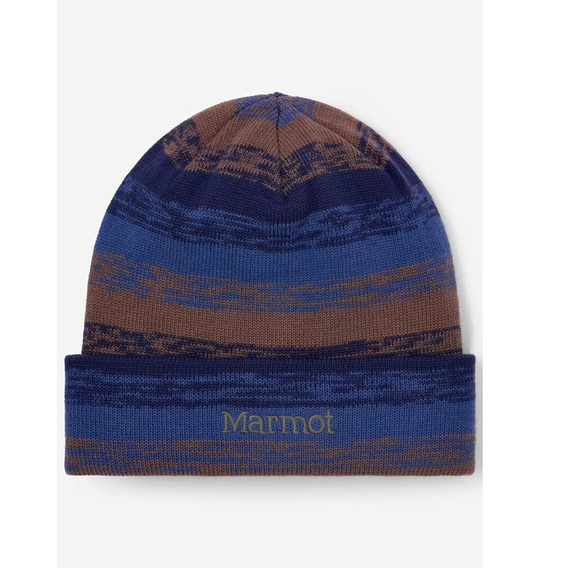 Load image into Gallery viewer, Blue and brown striped beanie with 'Marmot' logo on a white background