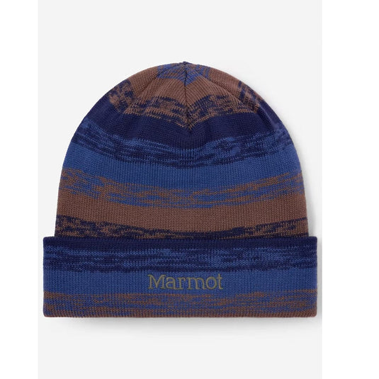 Blue and brown striped beanie with 'Marmot' logo on a white background