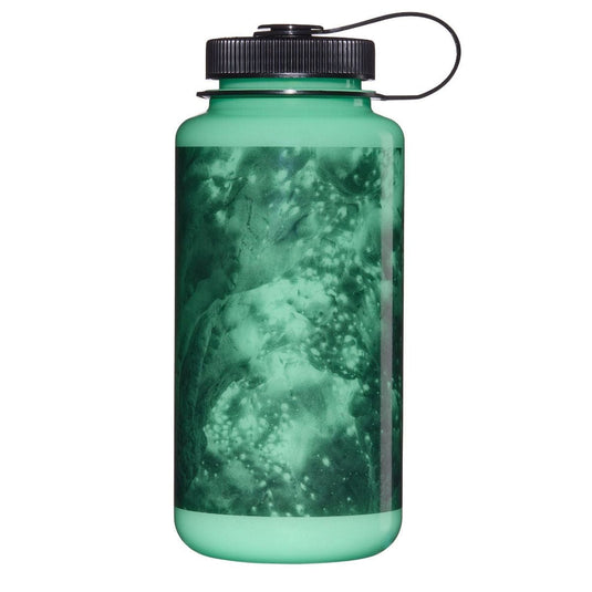 Green water bottle with black lid on a white background