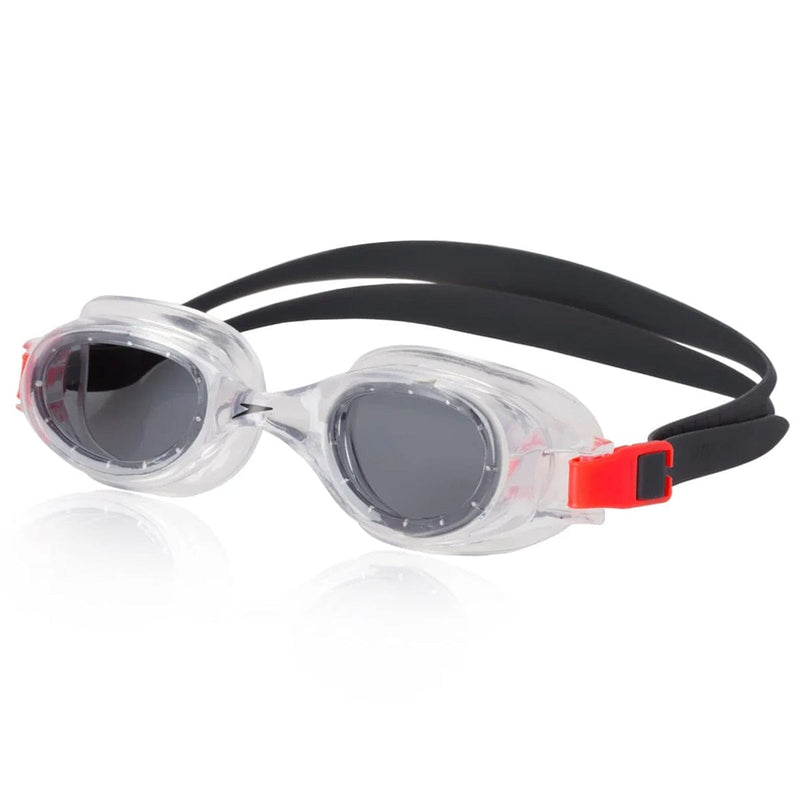 Load image into Gallery viewer, Swimming goggles with black strap and red accents on a white background