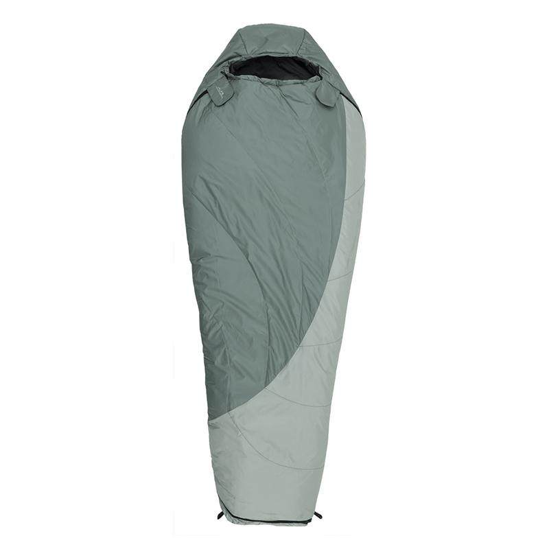 Load image into Gallery viewer, A two-tone sleeping bag shown flat against a solid white background. The upper portion is a muted sage green, while the lower portion and the hood area are a light gray.