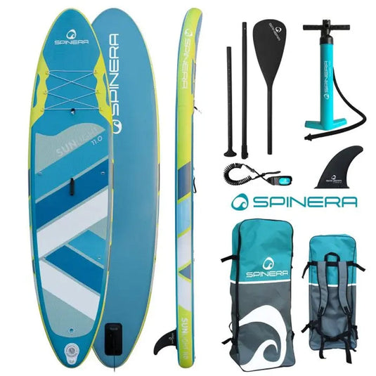 Spinera paddleboard set with board, pump, leash, fins, and bags on a white background