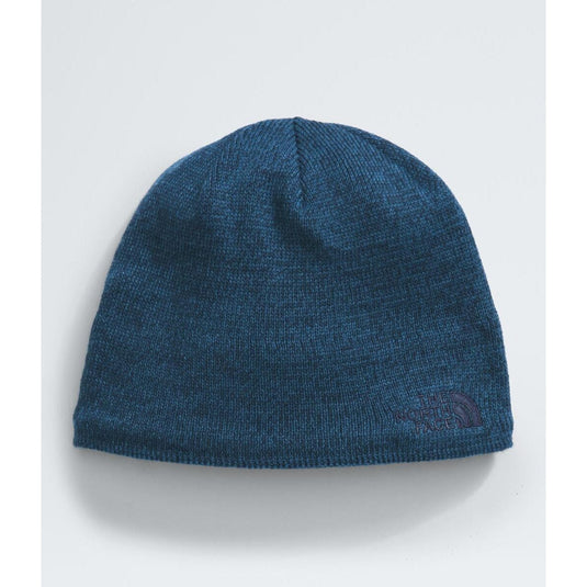 Blue knit beanie with brand logo on a white background