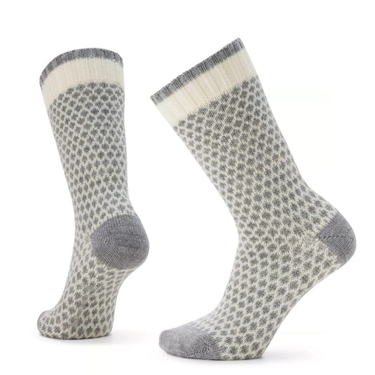 A pair of Smartwool crew socks with a popcorn polka dot pattern in gray and beige colors.