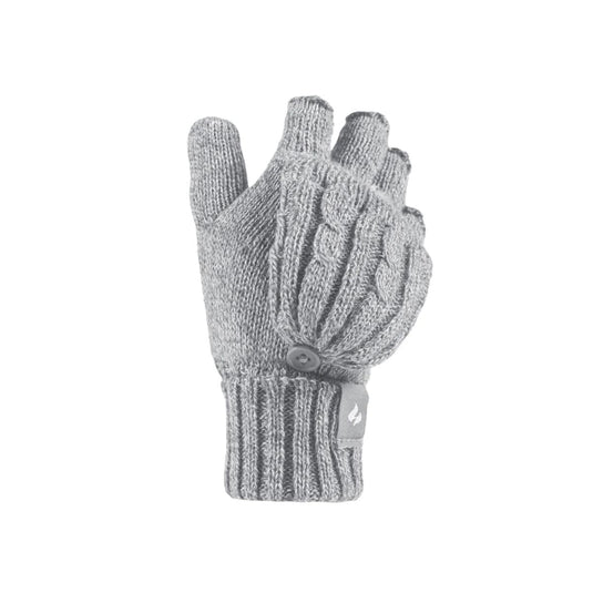 Gray knit glove with a button on a white background