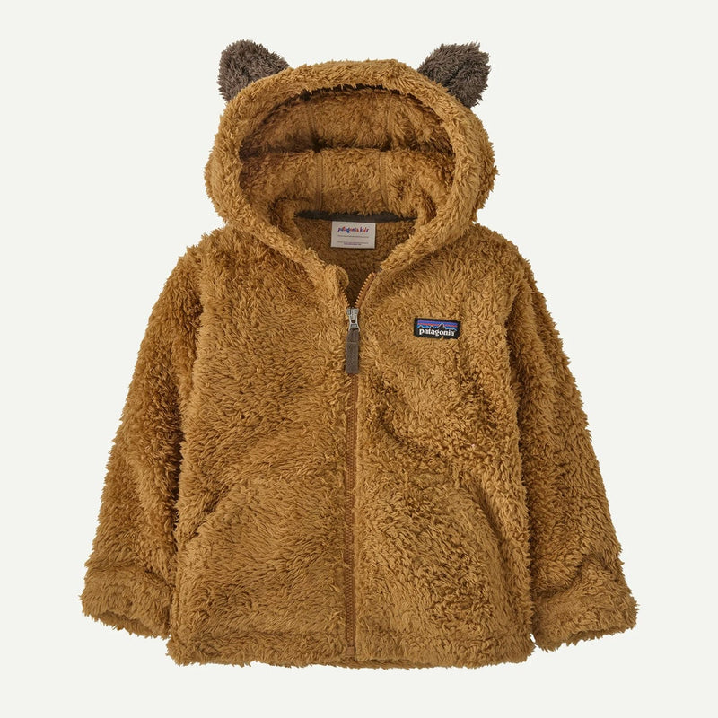 Load image into Gallery viewer, Brown teddy bear hooded jacket with Patagonia logo on a white background