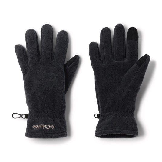 Pair of black Columbia gloves on a white background