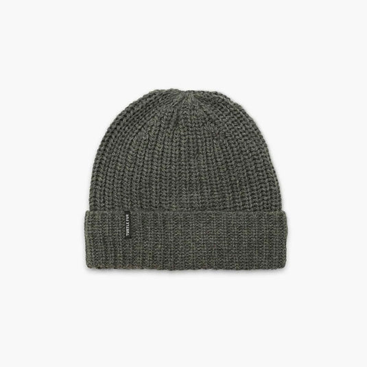 Dark gray knit beanie on a light gray background