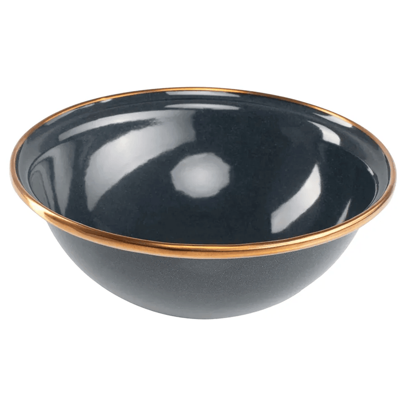 Load image into Gallery viewer, A dark charcoal gray ceramic bowl with a thin metallic gold rim, shown from a side angle on a white background.