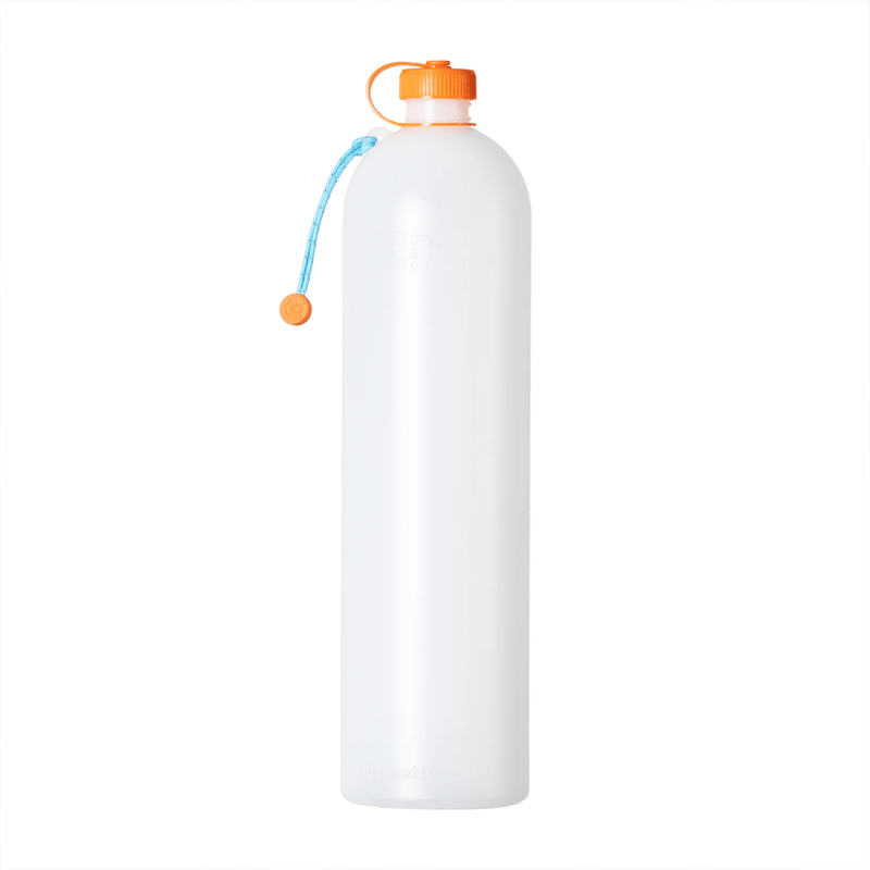 Load image into Gallery viewer, A tall, translucent white reusable water bottle with an orange screw cap, orange carrying loop, and a light blue strap with an orange bead, shown on a plain white background.