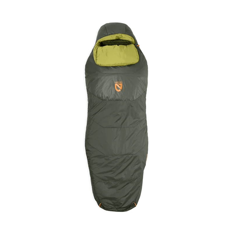 Load image into Gallery viewer, Green and gray sleeping bag with a brand logo on a white background