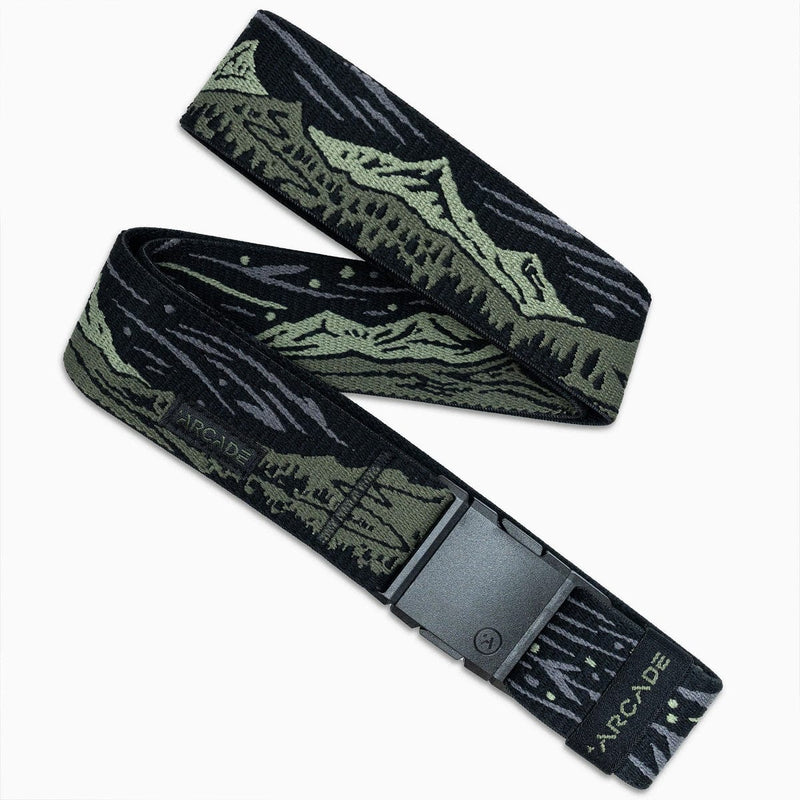 Load image into Gallery viewer, Black and green patterned belt with Arcade logo on a white background