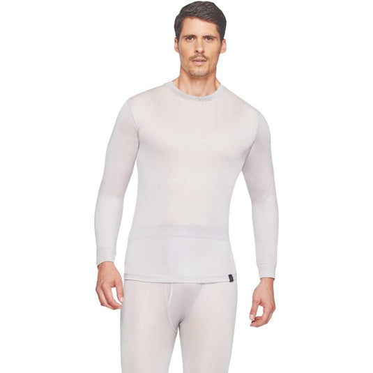 Man wearing a white long-sleeve thermal shirt and pants on a white background
