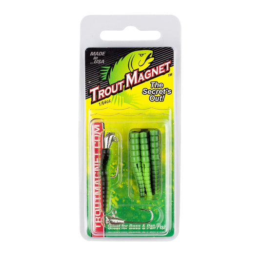 Packaged Trout Magnet fishing lure with green and red details on a white background