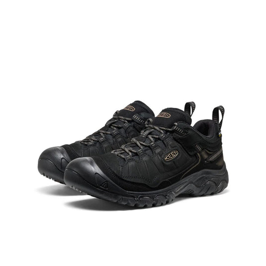 Pair of black KEEN hiking shoes on a white background