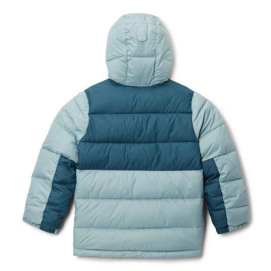 Two-tone blue puffer jacket on a white background