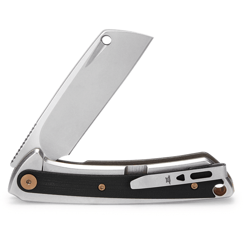 Load image into Gallery viewer, A folding pocket knife with a silver stainless steel blade and handle, featuring a black textured inlay and copper-colored rivets, shown open on a white background.