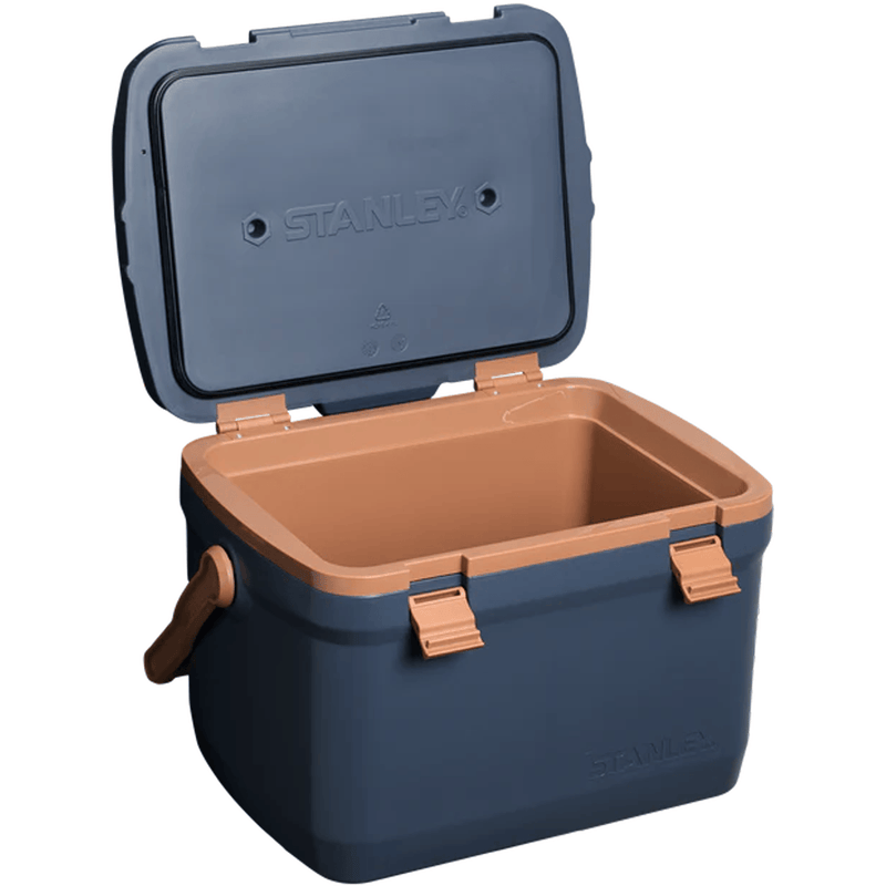 Load image into Gallery viewer, Blue and brown cooler box with Stanley logo on a white background