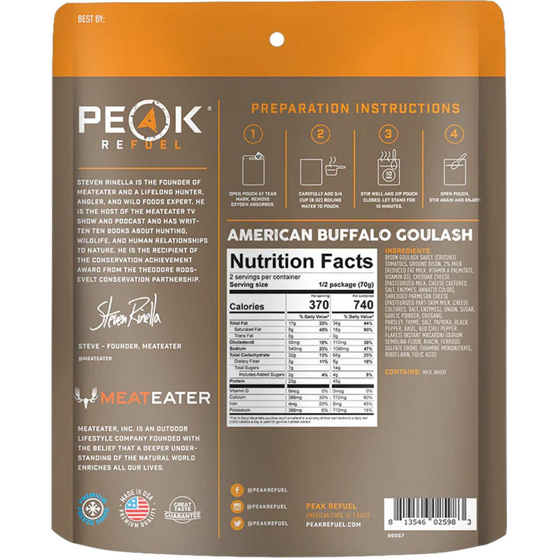 Load image into Gallery viewer, Back of a Peak Refuel food package with branding and nutritional information.