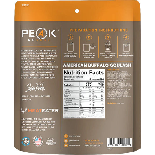 Back of a Peak Refuel food package with branding and nutritional information.