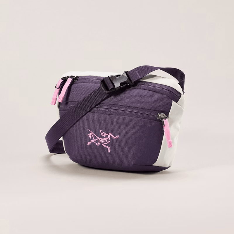 Load image into Gallery viewer, Purple and white bag with a pink zipper on a beige background