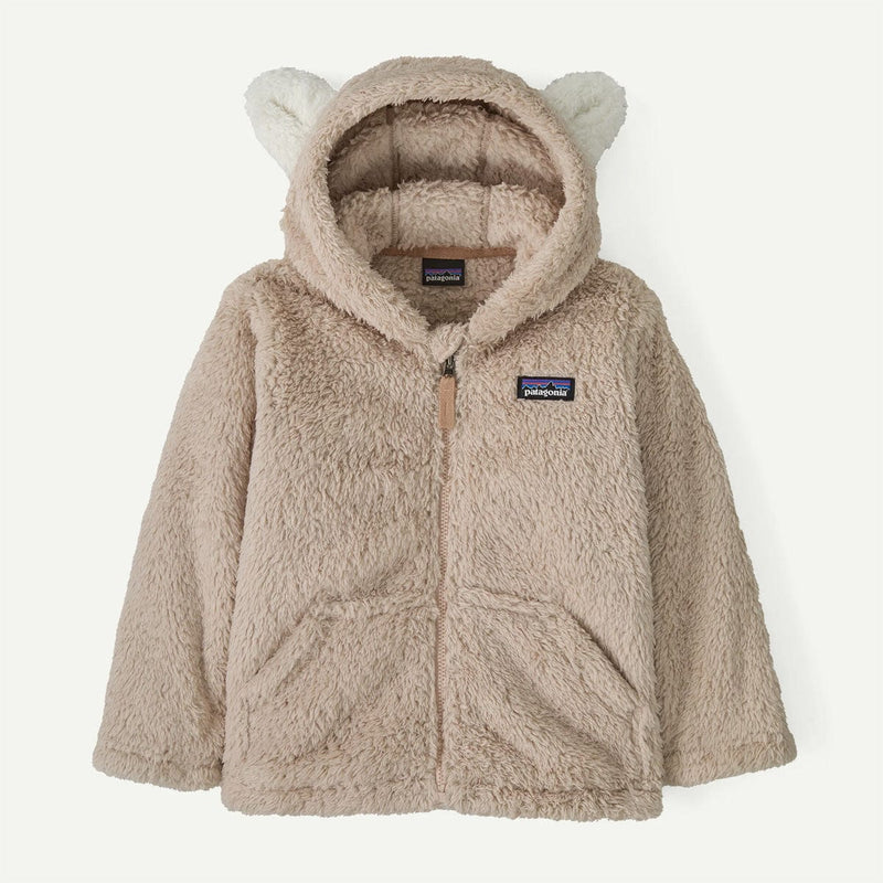 Load image into Gallery viewer, Children's beige fleece jacket with bear ears and Patagonia logo on a white background