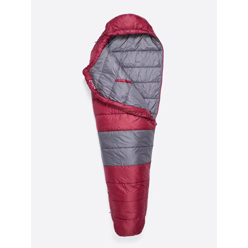Load image into Gallery viewer, A red and gray mummy-style sleeping bag shown open against a light gray background.