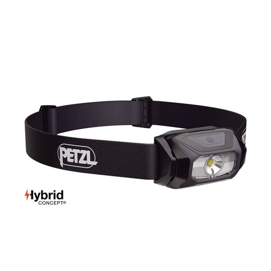 Black headlamp with Petzl logo on a white background