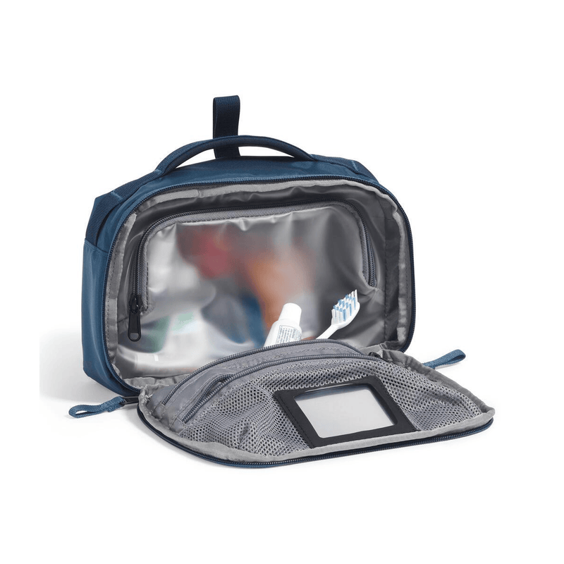 Load image into Gallery viewer, Open blue toiletry bag with mesh pocket on a white background