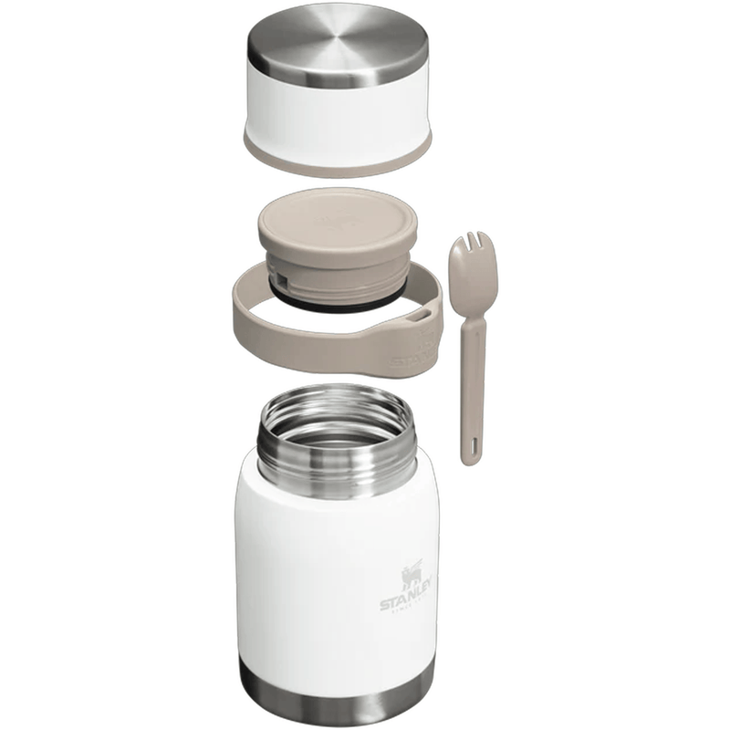 Load image into Gallery viewer, White thermos with silver lid and beige fork on a white background