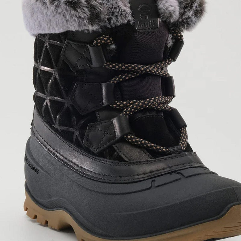 Load image into Gallery viewer, Black winter boot with fur lining on a light gray background