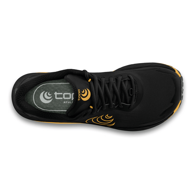 Load image into Gallery viewer, Black athletic shoe with orange accents on a white background