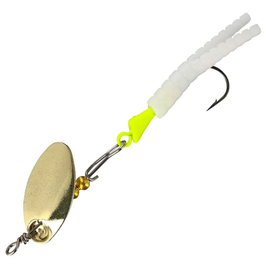 Fishing lure with gold blade and white and yellow ribbings on a white background