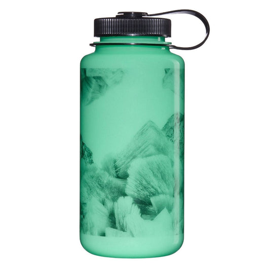 Green water bottle with black lid on a white background