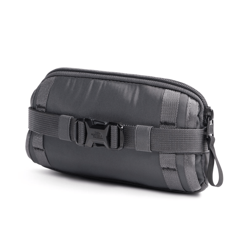 Load image into Gallery viewer, Gray pouch with multiple zippers and straps on a white background