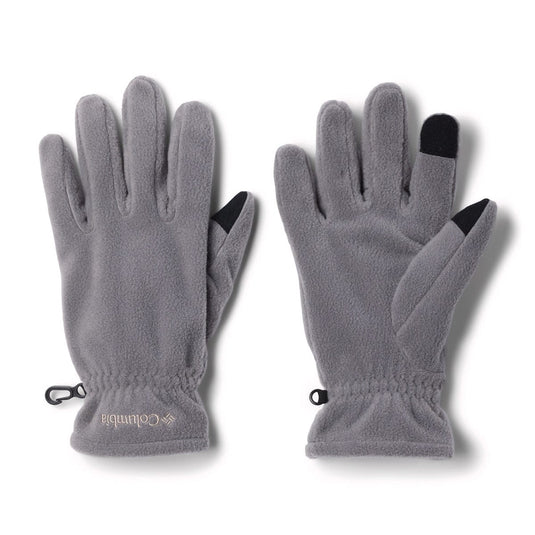 Pair of gray gloves with touch screen tips on a white background
