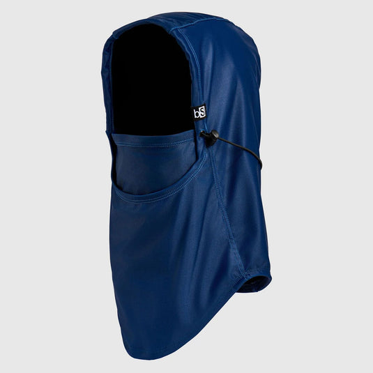 Blue balaclava with a brand logo on a light gray background