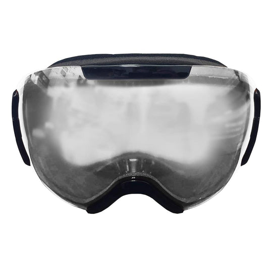 Black goggles with a clear lens on a white background