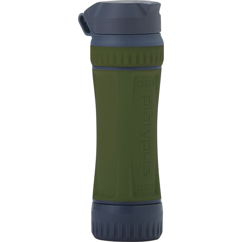 Load image into Gallery viewer, Green and navy water bottle with 'Platypus' branding on a white background