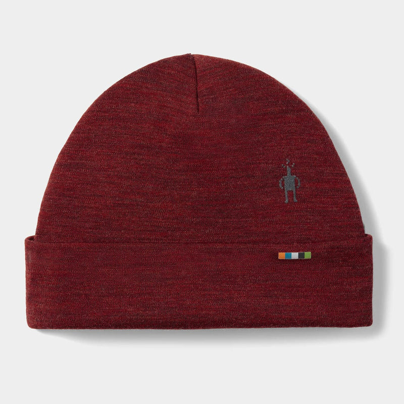 Load image into Gallery viewer, Red beanie with a small logo on a light gray background