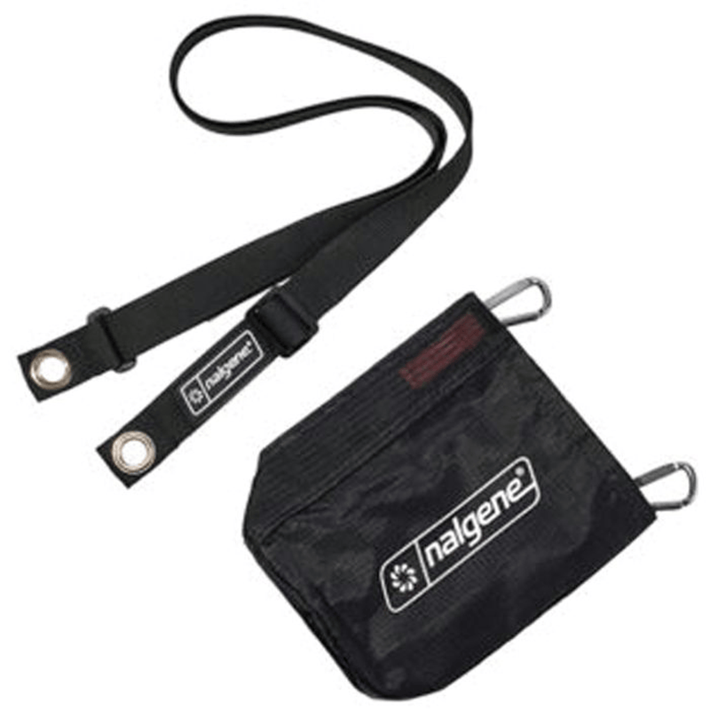 Load image into Gallery viewer, A black nylon Nalgene water bottle carrier pouch with a matching adjustable black strap and metal carabiner clips, shown on a plain white background.