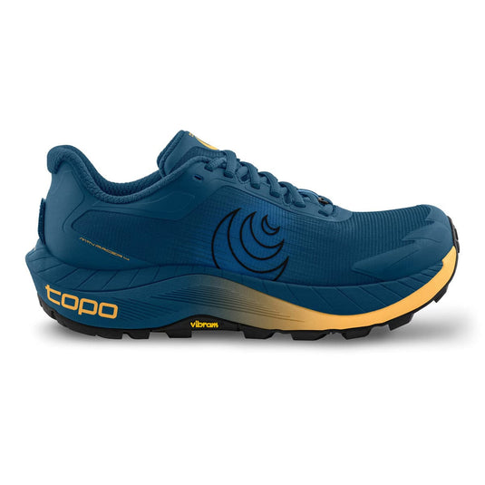 Blue running shoe with yellow accents on a white background