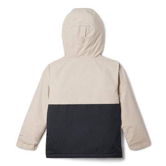 Beige and black jacket with a hood on a white background