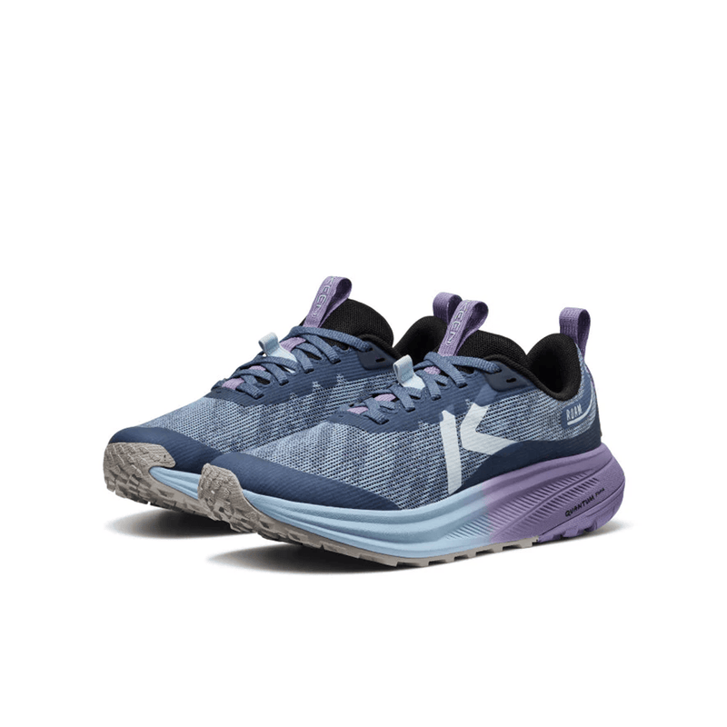Load image into Gallery viewer, Pair of blue running shoes with purple accents on a white background