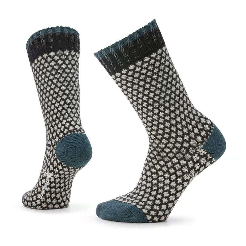 Load image into Gallery viewer, A pair of Smartwool crew socks with a popcorn polka dot pattern in gray and beige colors.