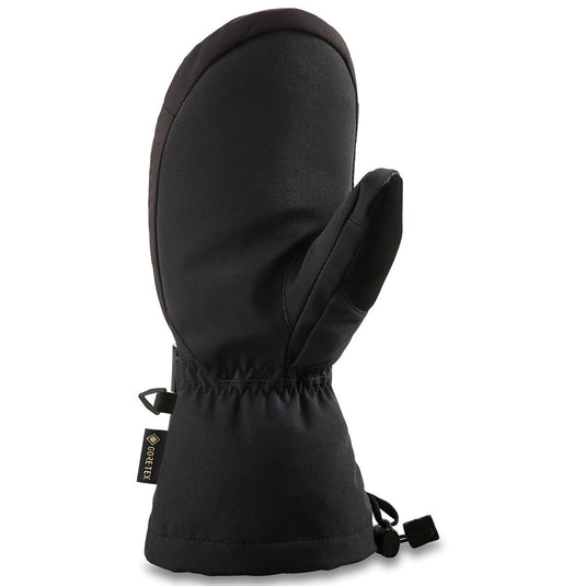 Black mitten with a brand label on a white background