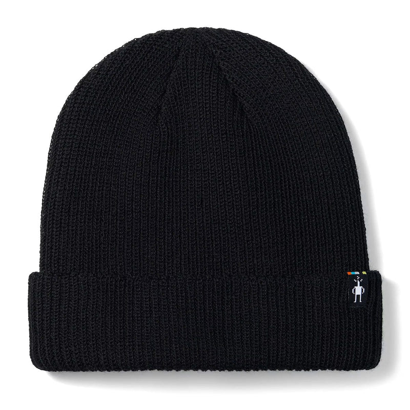 Load image into Gallery viewer, Black beanie with a small logo on a white background